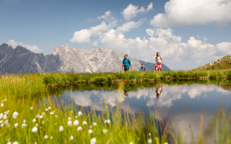 Vier Personen wandern an einem ruhigen Bergsee, mit hohem Gras und weißen Wildblumen im Vordergrund und schroffen Gipfeln unter einem teilweise bewölkten Himmel im Hintergrund.
