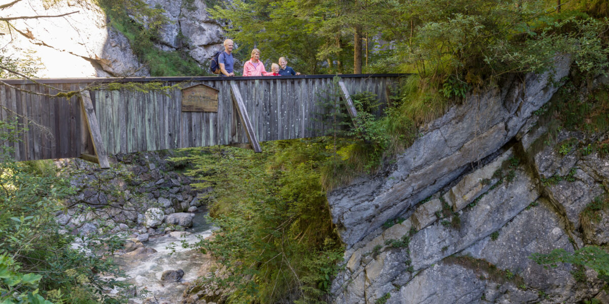 Vier Personen stehen auf einer Holzbrücke über einen felsigen Bach in einer bewaldeten, bergigen Gegend, in der das Sonnenlicht durch die Bäume fällt.