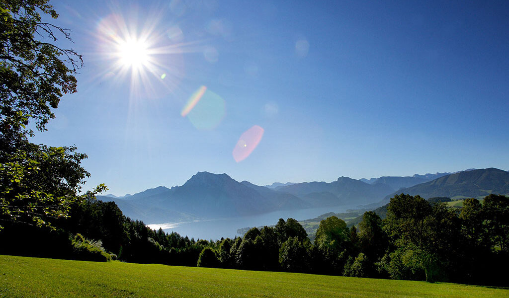 Die strahlende Sonne am blauen Himmel wirft Licht auf eine grasbewachsene Wiese, dichte grüne Bäume und ferne Berge mit einem im Tal sichtbaren See.