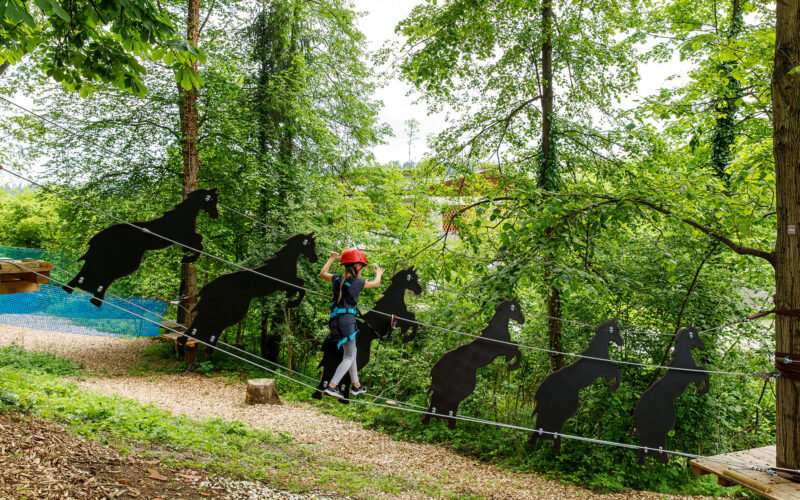 Eine Person mit Sicherheitsausrüstung überquert eine mit schwarzen Pferdesilhouetten geschmückte Seilbrücke in einem bewaldeten Outdoor-Abenteuerpark.