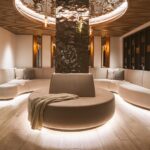 Moderner Lounge-Bereich mit geschwungenen beigen Sofas, einem runden, mit einer Decke drapierten Ottomanen in der Mitte, sanfter Raumbeleuchtung und Holzakzenten an Decke und Boden.