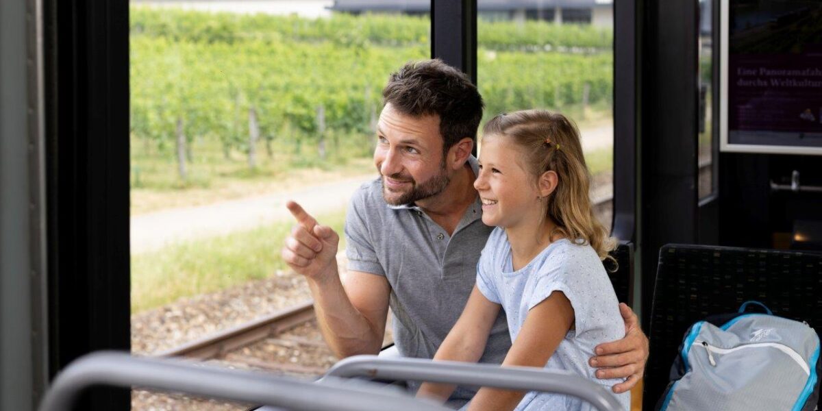 Ein Mann und ein junges Mädchen sitzen in einem Zug und schauen aus dem Fenster. Der Mann zeigt auf etwas, das draußen liegt, und die beiden scheinen beschäftigt zu sein. Ein Rucksack ruht auf dem Sitz neben ihnen.