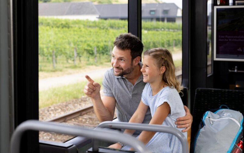 Ein Mann und ein junges Mädchen sitzen in einem Zug und schauen aus dem Fenster. Der Mann zeigt auf etwas, das draußen liegt, und die beiden scheinen beschäftigt zu sein. Ein Rucksack ruht auf dem Sitz neben ihnen.