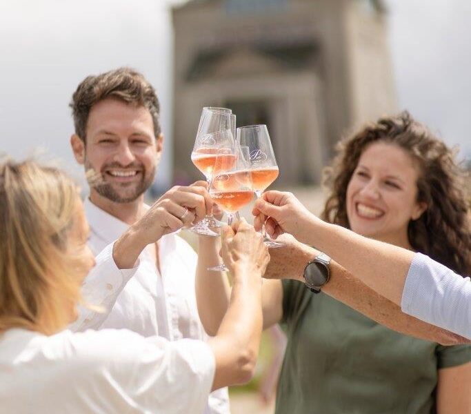 Vier Personen, die im Freien stehen, stoßen lächelnd mit einem Glas Roséwein an, während im Hintergrund ein großes Gebäude unscharf zu sehen ist.