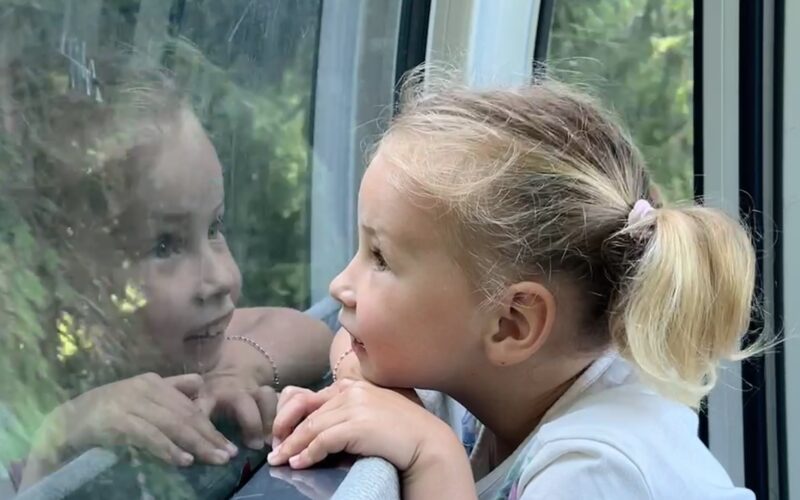 Ein junges Mädchen mit blondem Haar in einem Pferdeschwanz betrachtet ihr Spiegelbild in einem Fenster, aus dem Grünzeug zu sehen ist.