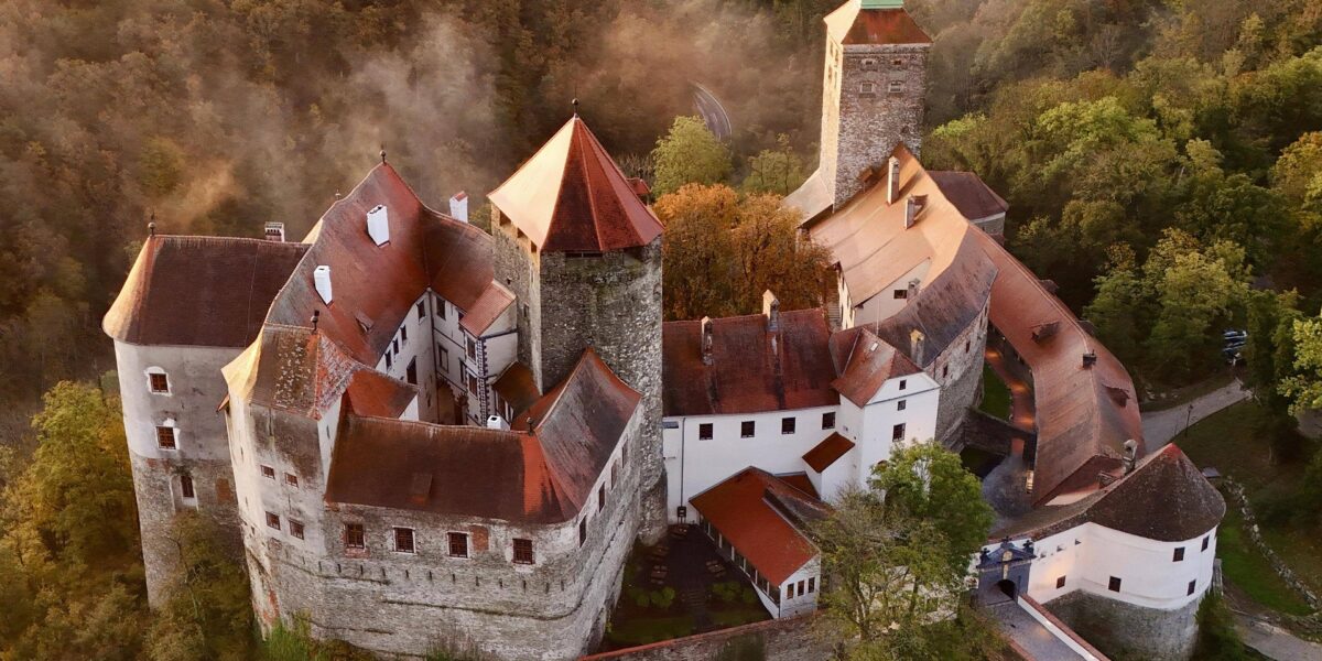 Luftaufnahme einer mittelalterlichen Burg mit roten Dächern und einem hohen Turm, umgeben von dichtem Wald und leichtem Nebel.