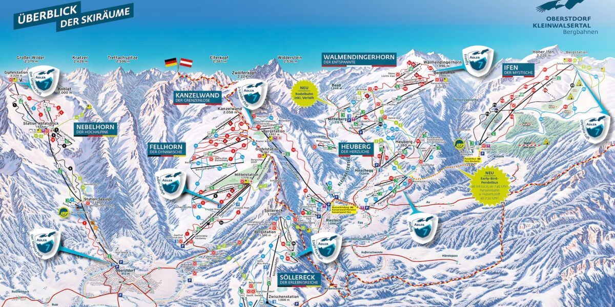 Illustrierte Skigebietskarte mit Pisten, Liften und Einrichtungen in der Region Oberstdorf und Kleinwalsertal, mit eingezeichneten Bergnamen und Loipenverläufen.