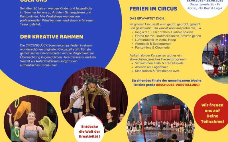 Flyer für ein Zirkus-Sommercamp für Kinder und Jugendliche mit Workshops, Aufführungen und allen wichtigen Informationen zu Terminen, Kosten und Programmhighlights.