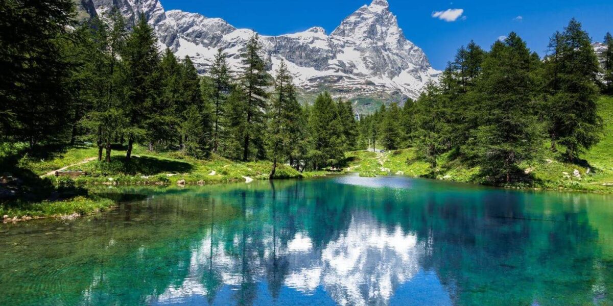 In einem klaren Alpensee spiegeln sich die umliegenden Kiefern und ein schneebedeckter Berg unter einem strahlend blauen Himmel.