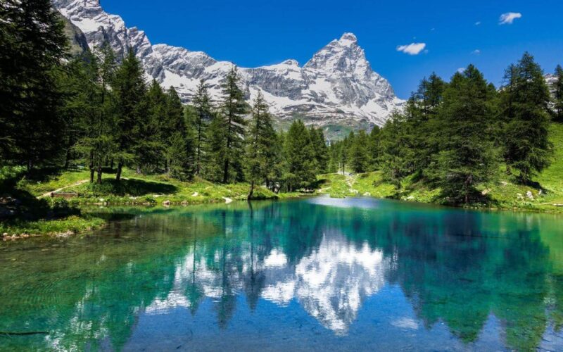 In einem klaren Alpensee spiegeln sich die umliegenden Kiefern und ein schneebedeckter Berg unter einem strahlend blauen Himmel.
