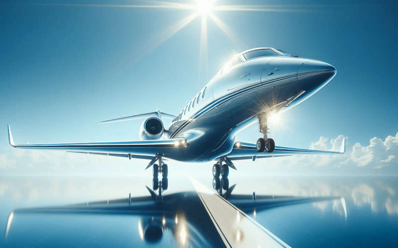 Ein schnittiger Privatjet steht auf einer spiegelnden Landebahn unter einem strahlend blauen Himmel, über dem die Sonne scheint.