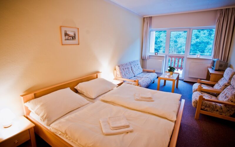 Ein ordentliches Hotelzimmer mit einem Doppelbett, zwei Sesseln, einem kleinen Tisch, einem Fernseher und großen Fenstern mit Blick auf die Bäume draußen.