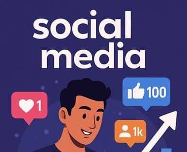 Illustration einer Person mit Social-Media-Symbolen, die ein Herz, einen Daumen nach oben und die Anzahl der Follower zeigen; oben erscheint der Text "Social Media".