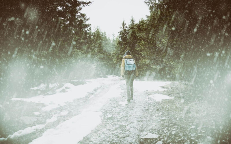 Eine Person, die einen Rucksack trägt, geht allein auf einem verschneiten Weg durch einen Wald, während es stark schneit.