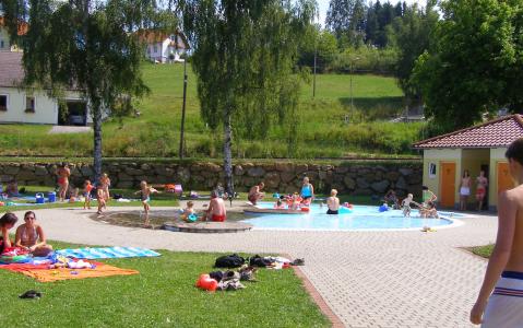 An einem sonnigen Tag entspannen sich die Menschen im Gras und schwimmen in einem kleinen Freibad, während die Kinder im und am Wasser spielen.