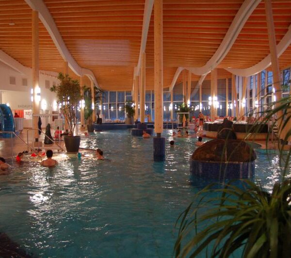 Hallenbad mit mehreren Personen im Wasser, Holzbalken an der Decke, Pflanzen und große Fenster im Hintergrund.