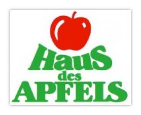 Ein roter Apfel über dem grün-gelben deutschen Text "Haus des Apfels" auf weißem Hintergrund.
