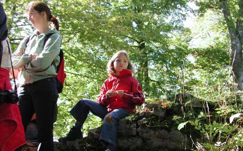 Ein Kind in einer roten Jacke sitzt auf einer niedrigen Steinmauer in einem Waldgebiet, während ein Erwachsener in der Nähe steht; das Sonnenlicht fällt durch die Bäume.