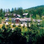 Eine Ansammlung von Gebäuden mit Schrägdächern liegt an einem bewaldeten Hang, umgeben von dichten Bäumen und Grünflächen unter einem klaren Himmel.