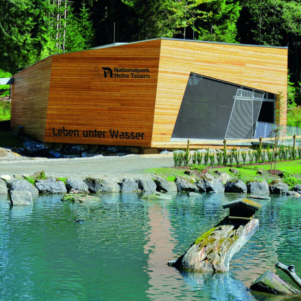 Ein modernes Holzgebäude mit der Aufschrift "Leben unter Wasser" steht an einem klaren, grünlichen Teich, umgeben von Felsen, Baumstämmen und dichtem Wald.