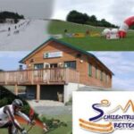 Eine Collage, die Skifahren im Winter, einen Radfahrer auf einer Abfahrtsstrecke, eine Holzhütte, eine Veranstaltungseinrichtung im Freien und das Logo des Schizentrums Rettenbach zeigt.
