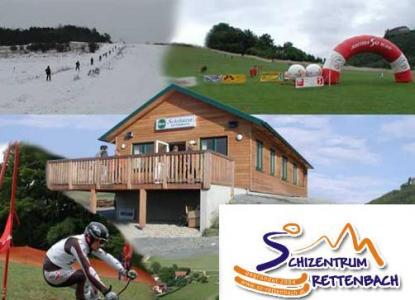 Eine Collage, die Skifahren im Winter, einen Radfahrer auf einer Abfahrtsstrecke, eine Holzhütte, eine Veranstaltungseinrichtung im Freien und das Logo des Schizentrums Rettenbach zeigt.