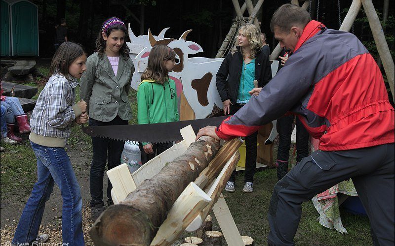 Ein Mann sägt mit einer Handsäge einen großen Baumstamm, während vier Mädchen in der Nähe von hölzernen Tierfiguren und einer tragbaren Toilette zusehen.