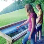 Zwei Personen stehen an einer Informationstafel im Freien; eine Person zeigt auf die Kartenanzeige, im Hintergrund sind eine Wiese und Bäume zu sehen.