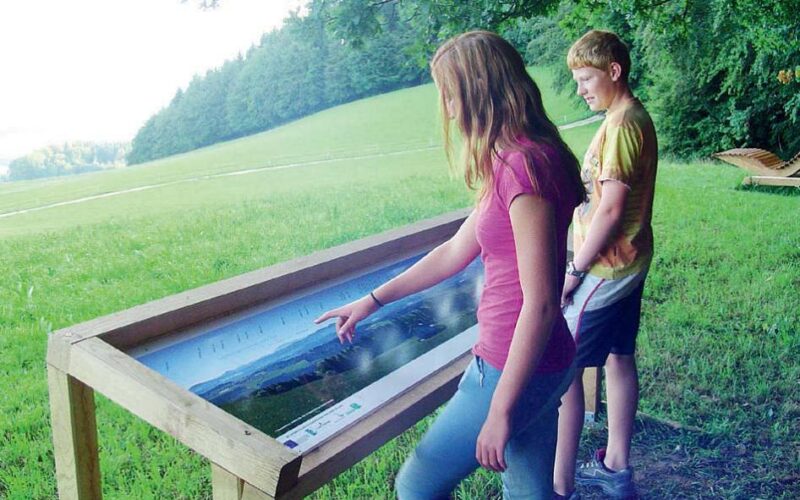Zwei Personen stehen an einer Informationstafel im Freien; eine Person zeigt auf die Kartenanzeige, im Hintergrund sind eine Wiese und Bäume zu sehen.