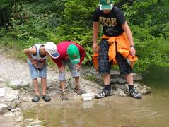 Drei Jungen stehen am Rande eines seichten Baches und betrachten etwas auf dem Boden neben einem weißen Behälter. Im Hintergrund sind Bäume und Grünflächen zu sehen.