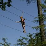 Eine Person, die einen Helm und einen Klettergurt trägt, läuft über einen Hochseilgarten, der zwischen Bäumen in einem Wald aufgehängt ist.