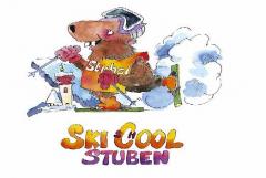 Cartoon-Biber mit Skiausrüstung und Skibrille, der mit "Stuben" auf seiner Weste bergab fährt. Darunter steht ein bunter Text mit der Aufschrift "Ski Cool Stuben".
