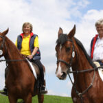Zwei Personen reiten auf braunen Pferden im Freien auf einer Wiese unter einem teilweise bewölkten Himmel.