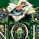 Ein illustrierter Vogel sitzt auf einem aufgeschlagenen Buch, umgeben von verzierten, dekorativen Buchstaben C, J, N, O und R mit verschlungenen Mustern und Figuren.