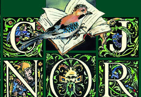 Ein illustrierter Vogel sitzt auf einem aufgeschlagenen Buch, umgeben von verzierten, dekorativen Buchstaben C, J, N, O und R mit verschlungenen Mustern und Figuren.