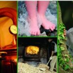 Eine Collage zeigt eine kupferne Brennereiausrüstung, Füße im Wasser, ein Kind an einem Baum, einen Ofen mit Holz und ein Cartoon-Gesicht mit einem grünen Hut.