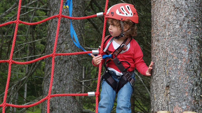 Ein kleines Kind mit Helm und Klettergurt steht auf einer Plattform neben einem Baum und hält sich an einem roten Kletternetz in einem Outdoor-Abenteuerpark fest.