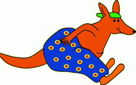 Cartoon-Känguru mit grüner Mütze und blauen Shorts mit gelben Punkten, sitzend und lächelnd.