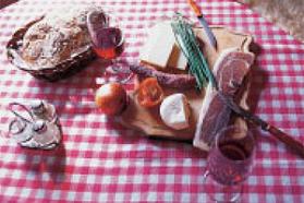 Auf einem Holzbrett auf einer rot karierten Tischdecke liegen Brot, Käse, Wurst, grüne Zwiebeln, Tomaten und ein Apfel, daneben zwei Gläser Rotwein.