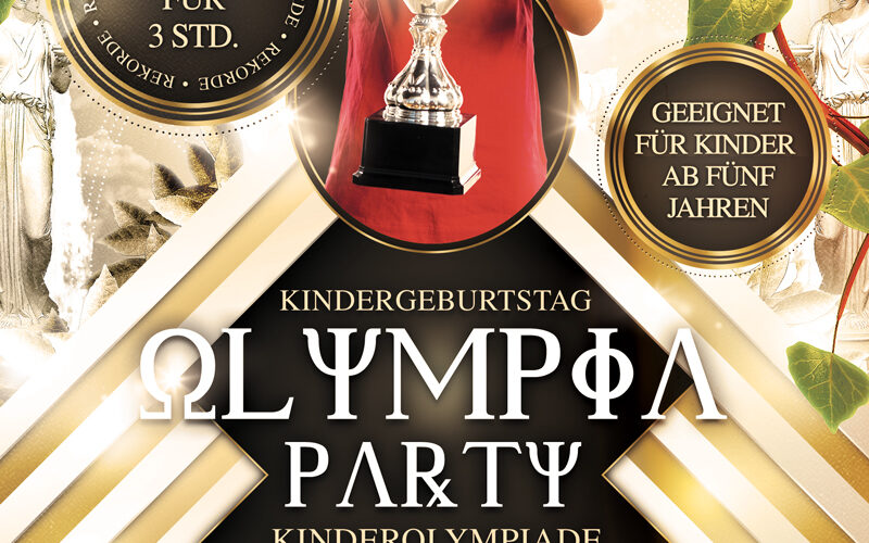 Ein lächelndes Kind hält einen Pokal, umgeben von goldenen und weißen Grafikelementen, die für eine olympische Kindergeburtstagsfeier mit Spielen und Aktivitäten für Kinder ab fünf Jahren werben.