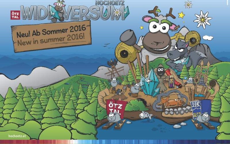 Cartoon-Illustration eines Bergerlebnisparks mit Tieren, Bäumen und Schildern, die die Eröffnung des Widiversums in Hochoetz ankündigen, Sommer 2016.