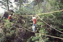Zwei Personen überqueren eine Schlucht in einem Wald mit Hilfe einer Seilbrücke, wobei sie sich an den oberen Seilen festhalten, um sich abzustützen und das Gleichgewicht zu halten.