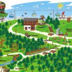 Bunt illustrierte Karte eines Outdoor-Abenteuerparks mit Bäumen, Spielplätzen, Rutschen, Kletterbereichen, Wanderwegen, Picknickplätzen und Seilbahnen in einer bergigen Umgebung.