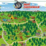 Illustrierte Karte des Juppi-Zauberwald-Erlebnisparks mit Waldgebieten, verschiedenen Spielgeräten, Wegen, beschrifteten Aktivitätspunkten, Hütten und Zeichentrick-Tieren.