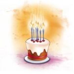 Ein runder Kuchen mit weißem Zuckerguss, roten Verzierungen und sechs brennenden Kerzen auf einem Teller vor einem sanften orangefarbenen Hintergrund.