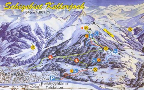 Loipenplan des Skigebiets Kellerjoch mit Pisten, Liften, Symbolen für Einrichtungen, Parkplätzen und Höhenunterschieden von 545 bis 1.887 m, mit der Stadt Schwaz am Fuße.