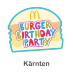 McDonald's Burger Birthday Party Logo mit buntem Text innerhalb eines Burger-Umrisses und dem Wort "Kärnten" darunter.