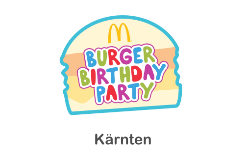 McDonald's Burger Birthday Party Logo mit buntem Text innerhalb eines Burger-Umrisses und dem Wort "Kärnten" darunter.