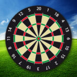 Eine Dartscheibe mit nummerierten Feldern wird im Freien vor einem blauen Himmel und einem grasbewachsenen Hintergrund dargestellt.
