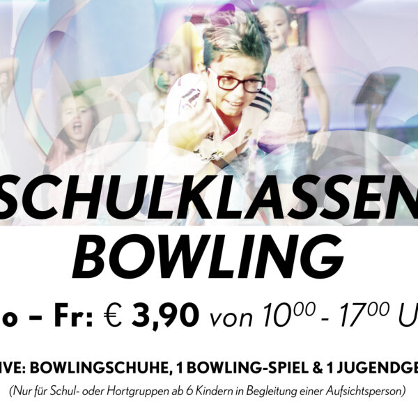 Werbung für Schulgruppen-Bowling im Ocean Park, mit Bowlingschuhen, einem Spiel und einem Getränk für 3,90 € pro Schüler, montags bis freitags von 10:00 bis 17:00 Uhr.